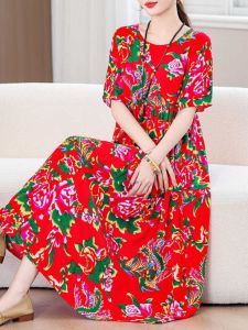 Elegant Cotton Silk Summer Dress 2025 New Style Beachwear for Mom plus Size Ethnicity Wind Long Sleeve round Neck A-Line Dress