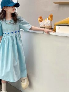 Girls Summer Dress Korean Style Little Girl Simple Thin Skirt mid Large Child Fashionable Love Embroidery Princess Dress