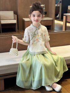 Girls Traditional Chinese Cheongsam Dress Set Summer New Style National Style Short Sleeve Thin Material Childrens Hanfu
