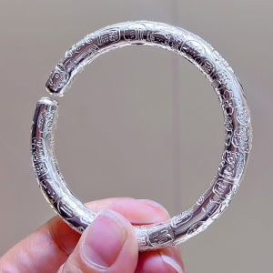 Handmade Solid Open Silver Bracelet Womens Fashion Jewelry Real Silver 999 round Lucky Phrase Vintage Style Gift for Mom