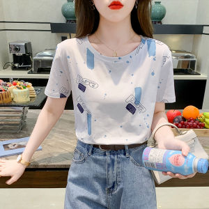 Summer Womens Loose Cotton T-Shirt Short Sleeve Half Sleeve Printed round Neck Basic Fit Korean Style Creative Geometric Pattern