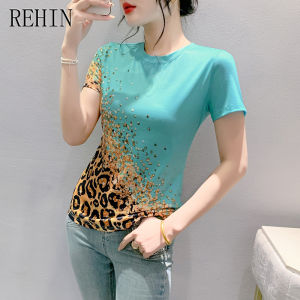 REHIN Summer new fashion unique blue color pattern printing short-sleeved T-shirt round collar elegant womens top