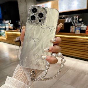 Trường hợp đối với iPhone 15 Pro Max 14Promax 13Pro Ống kính bảo vệ với xách tay Handstrap long lanh cứng bìa cho iphone11promax nút thắt hình bướm ngọc trai