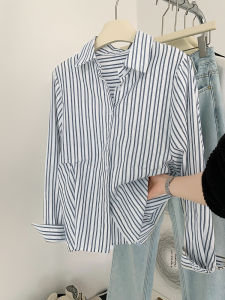 AMILUCK | Casual Loose Long Sleeve Womens Shirt Vertical Stripes Design Spring 2024 Korean Style Commute Fashion Polyester Fabric