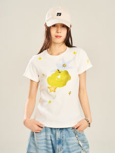 Áo Thun Nữ Cổ Tròn Ôm Vừa Vặn Co Giãn Mùa Hè Tay Ngắn Phong Cách Tươi Mới Thiết Kế Hoa Cotton Polyester