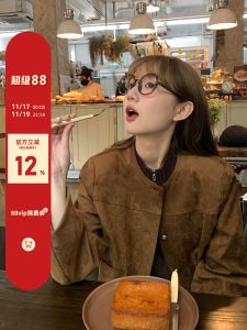 เสื้อแจ็คเก็ตหนังแกะสไตล์ย้อนยุคฤดูหนาวสำหรับผู้หญิง ทรงหลวม ปกติ ปก แขนยาว ปก คอกลม กระดุม ปกติ แฟชั่นสตรีท หวานและเท่