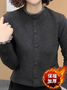 Autumn Winter New Style Thin Fleece One-Piece Earlet Collar Womens Base Shirt Versatile Splicing Pure Color Top for Mom