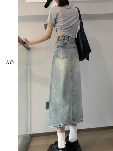 High Waist A-Line Mini Skirt Womens Summer New Small Size Midi Skirt Front Slit Denim Skirt Cotton Polyester Blend Skirt