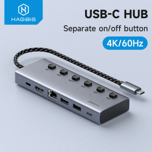 Hagibis 6 in 1  USB C HUB Type-C Individual On/Off Switches Docking Station Type C to 100W PD 4K 60Hz HDMI  RJ45 Gigabit Ethernet USB3.0 USB C HUB Port For Laptops Macbook Pro Air Lenovo Surface Dell XPS HP Huawei  iPhone 16/15 Pro Windows Mac OS