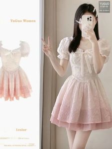 French Pink Fairy Square Collar Lace-up Bows Dress Womens Summer Short Skirt Waist-Tight Slim Looking A- line Pettiskirt