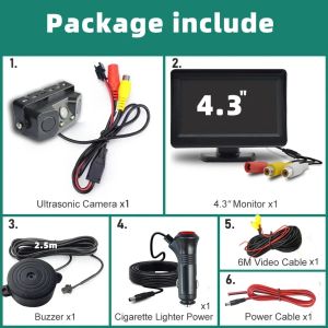 3 In 1 Backup Reversing Camera Parktronic Car Video Parking Sensor Kit Radar Visible Display 4.3in/5in Monitor System Alarm