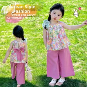 Floral Sweet Sleeveless Top and Wide Leg Pants Set For Girls