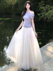 NIANDAIJINGDIAN | Chân Váy Xòe Dáng A Cao Cổ Bằng Voan Trắng