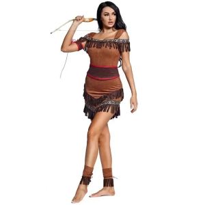 Adult Women Indian Indigenous Costumes Halloween Cosplay Aboriginal Outfit Hunter Fringe Dress