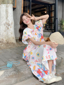 Cute Cartoon Pattern Printed Loose Shirt Dress Womens Summer Fashion Korean Style V-neck A-line Midi Dress Sweet Girl