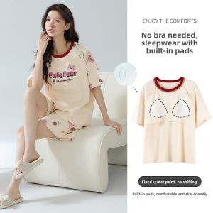 MiiOW | Catwoman Sleepwear Womens New 2025 Summer Short Sleeve Shorts With Chest Pad Integrated Can Be Worn Outside Home Clothes Set