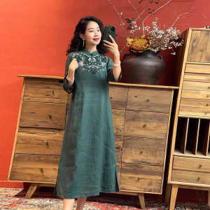 Cotton and Linen Embroider Tea Clothing Womens Zen Loose Dress Artsy Chinese Ethnic Style Long Skirt Summer Chinese Style Retro Womens Clothing