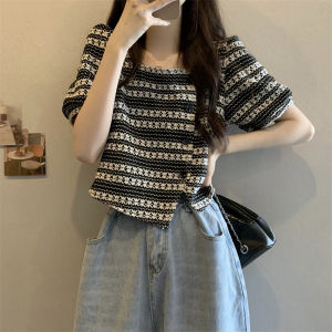 V.C.I | Short Sleeve Asymmetric Neck Slim Stripe Light Knit Top for Women Summer