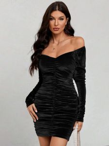 Casual Long Sleeve Square Neck Pullover Dress Pure Color Short Skirt High Waist Polyester Fiber A-Line Basic Style Summer Autumn