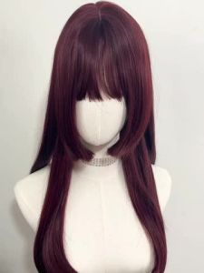 Ashley Cosplay Burgundy Bộ Tóc Giả Dài Thẳng Với Bangs 24 Inch Màu Đỏ Tóc Tổng Hợp Dành Cho Nữ Hàng Ngày Thời Trang Dự Tiệc Mặc Phong Cách Lolita