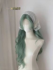 New Green Sprite Womens Long Curl Wig Breathable Natural Lace Mist Green Hair Change Style Sweet Cute Anti-Aging