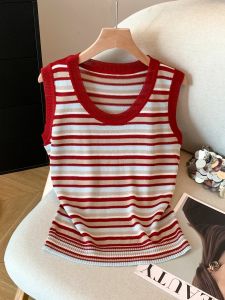 Lightweight Breathable Summer Knitted Vest Womens Unique Low round Neck Sleeveless Stripe Design Fashionable Top