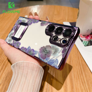 FLOVEME Luxury Flower Painted Clear Phone Case For Samsung Galaxy S24 S23 S22 Ultra S23+ S22+ Plus With Lens Film Protector Plating Logo Hole TPU Shockproof Back Cover For Samsung S23 S22