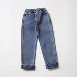 Spring Autumn Girls Jeans Long Pants Slim Fit Leg Shape Soft Elastic Cuff Small Flower 110-170 Code Childrens Casual Trousers