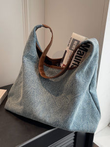 Large Capacity Denim Tote Bag Womens Commuter Shoulder Bag Lazy College Student Class Bag British Style Pure Color Zipper