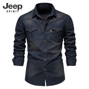 JEEP SPIRIT Mens denim shirt casual solid color long sleeved shirt