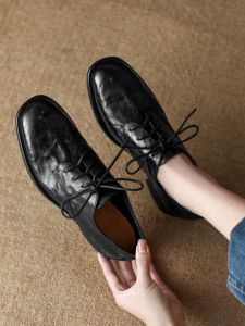 Womens Brogue Shoes Knot Leather Slip-On Soft Bottom Commuter Versatile Bean Bean Casual Loafers round Toe Low Heel