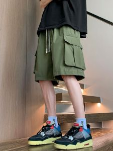 Green Workwear Shorts Mens Summer American Trendy Loose Straight Leg Functional Pants Retro Large Size Casual Five-Quarter Pants