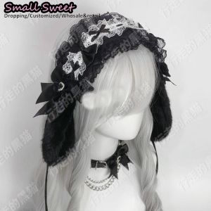 Goth Bunny Ear Bow Hair bands Harajuku Gothic Lolita Y2K girl Rabbit ears hair band Punk Lace Ruffled Headband Hair Hoop