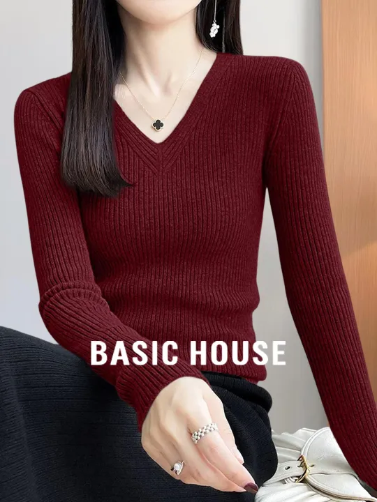Basic House | เสื้อชั้นในกันหนาวคอวีสีแดง แขนยาว | Lazada.co.th