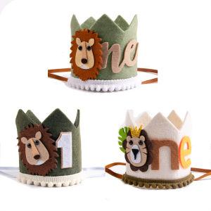 Jungle Safari Animal Lion One 1 Year Birthday Crown Headband Hat Happy Birthday Party decor Kids baby Shower 1st Birthday Party