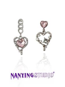 Nanying Sweet Cool Asymmetric Pink Diamond Heart Chain Earrings Womens Fashion New 2025 Trendy Hoop Earrings Alloy Plated Silver Gold