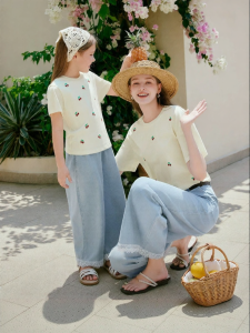 XIANGYING | Casual Lightweight Blue Straight Flared Jeans Mother and Daughter Matching Pants