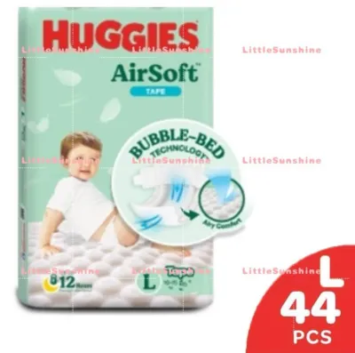 Huggies AirSoft Tape Diapers (S58 M52 L44 XL38) - Breathable & Soft Diapers for Baby