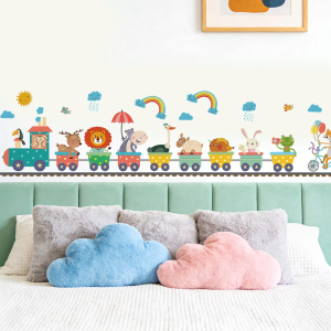 Decal dán tường trẻ em Hình đoàn tàu động vật dễ thương Có keo sẵn Trang trí phòng bé An toàn