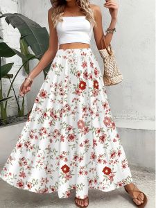 Printed Design Red & White Large Floral Print All-Season Womens Maxi Skirt Casual Elastic Waist A-Line Half Skirt