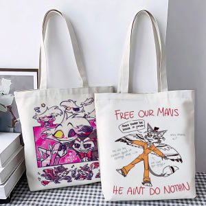 Hells Inn Large Capacity Canvas Bag Cartoon Print Shoulder Handbag Book Carrier Casual Tote Bag for Teens Zipper Closure Foldable