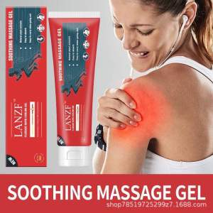 LANZF SOOTHING MASSAGE GEL - Red tube with white cap - For muscle pain relief - Fits shoulder massage - Scene: Woman applying gel to shoulder Krim penenang kulit