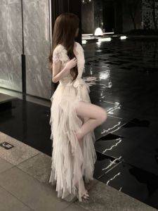CHANGTONG | Lace and Tulle Spliced Elegant Tail Dress  Summer