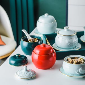 Luxurious Gold Rimmed Ceramic Soup Bowl Chinese Style Underglaze Porcelain Hotel Quality Birds Nest Dessert Bowl with Lid