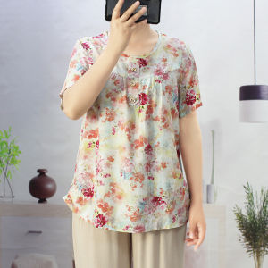 Áo Thun Cotton Lụa Mùa Hè Cho Phụ Nữ Trung Niên Và Người Cao Tuổi Dáng Rộng Tay Ngắn Mỏng in Họa Tiết Hoa Cổ Tròn