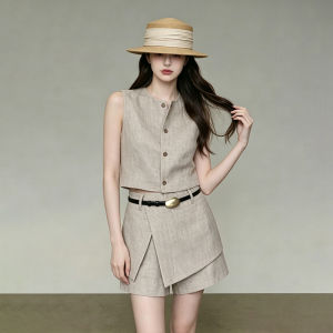 GULILI | Vintage Style Beige Linen Sleeveless Vest Set