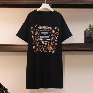 Loose Fit Mid-Length T-Shirt Womens plus Size Summer Casual Cotton Short Sleeve Printed Korean Style Fashionable plus Size