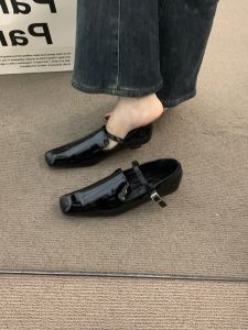 รองเท้า Mary Janes ทรงหัวมน พื้นยาง ด้านในหนัง PU รองเท้าส้นเตี้ย สีแดง ทรงหัวมน สำหรับผู้หญิง รองเท้าทำงาน รองเท้าส้นเตี้ย สไตล์เกาหลี