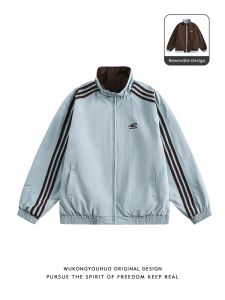WUKONGYOUHUO | Áo Khoác Phong Cách Đường Phố Retro Sọc Cổ Đứng Form Rộng