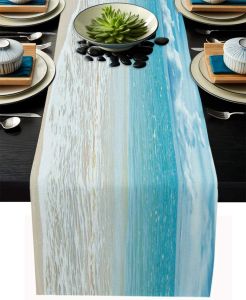 Linen Table Runner Summer Ocean Beach Season Party Table Runner Restaurant Blue Gradient Decor Table Cloth